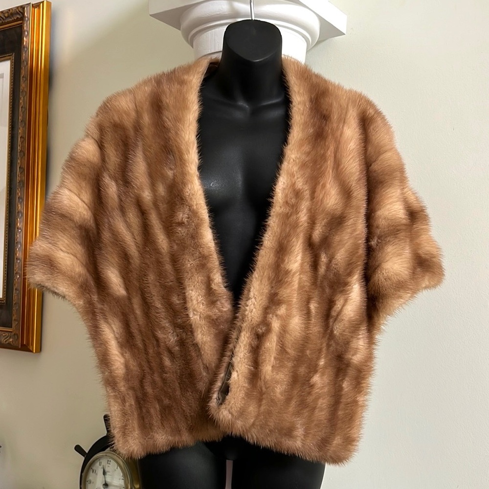 Meier & Frank Fur Salon Vintage Mink Fur Stole Cape Tan Autumn Pockets Snaps 🌺